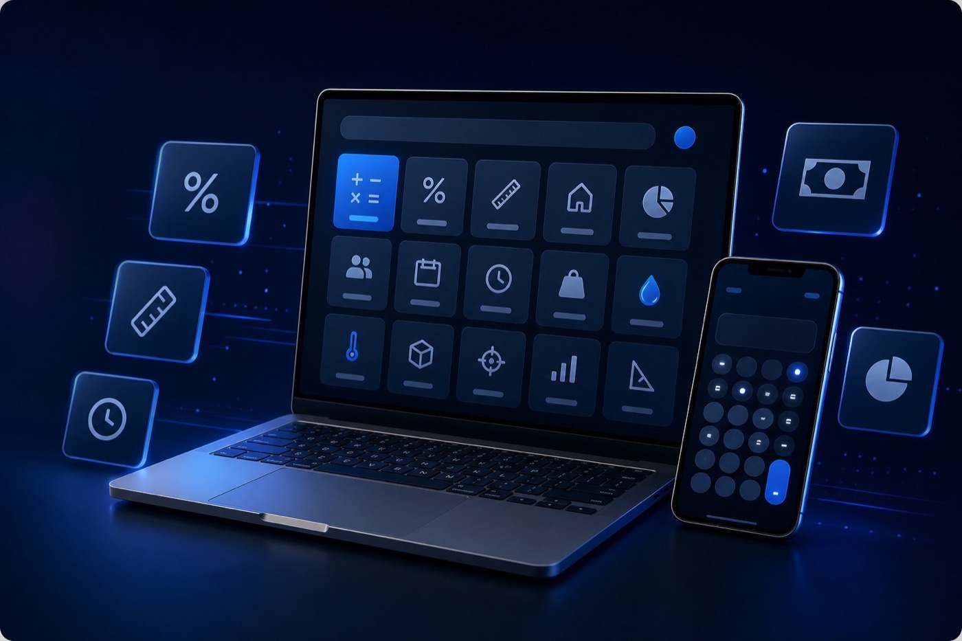 A laptop and phone presenting a library of calculator tools