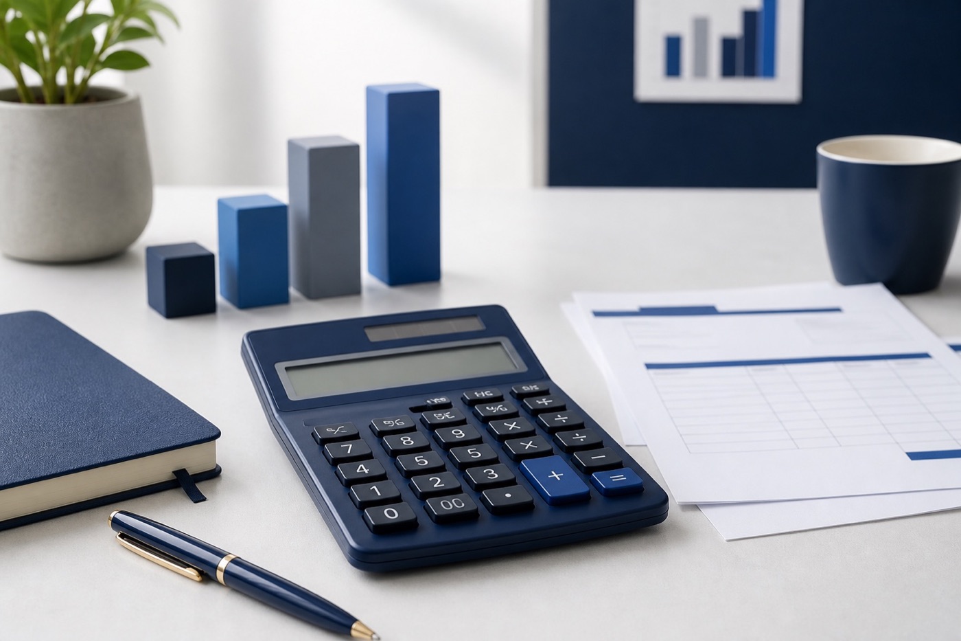 Calculator, notebook and charts arranged for financial planning