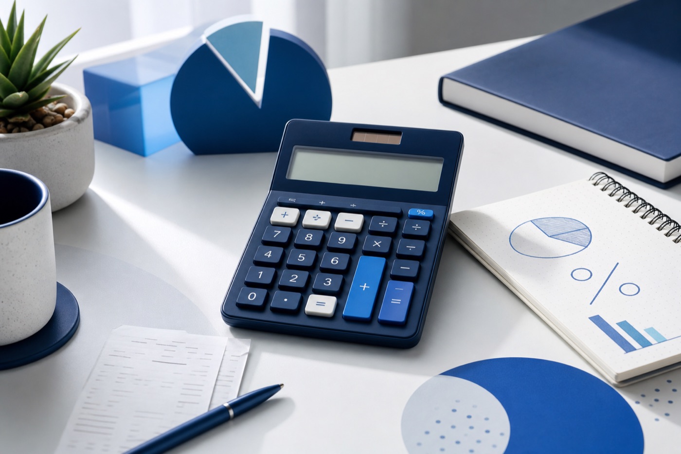 Calculator and percentage charts on a tidy desk